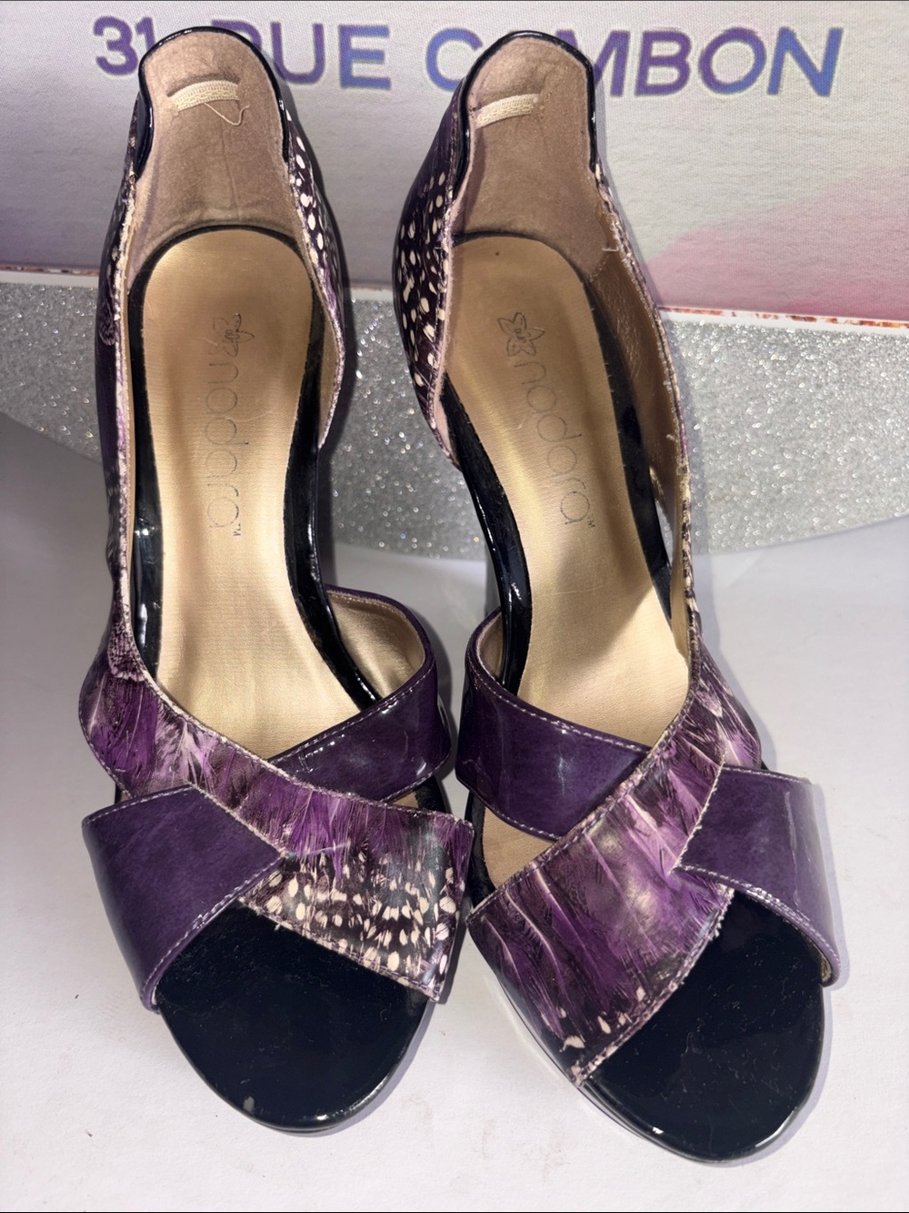 Purple Feather-Accent Open-Toe Heels